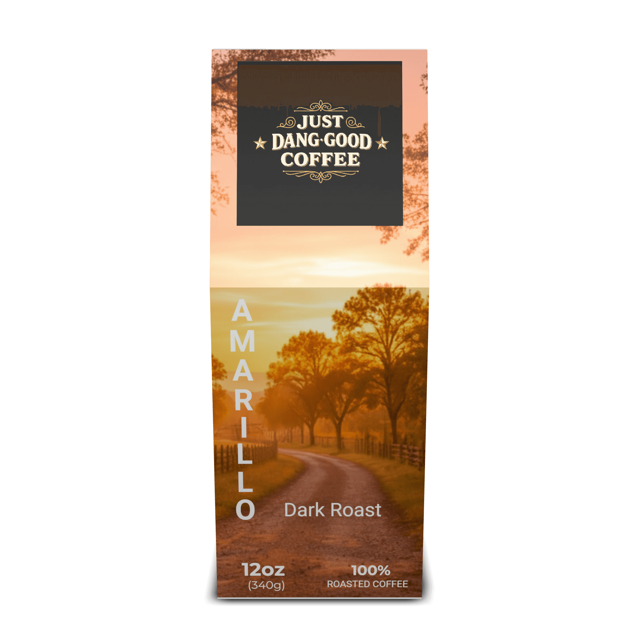 Just Dang Good Coffee Amarillo Dark Roast Coffee front of package with a scenic design for Just Dang Good Coffee and Rocking S Ranch scenery.