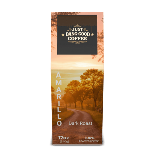 Just Dang Good Coffee Amarillo Dark Roast Coffee front of package with a scenic design for Just Dang Good Coffee and Rocking S Ranch scenery.