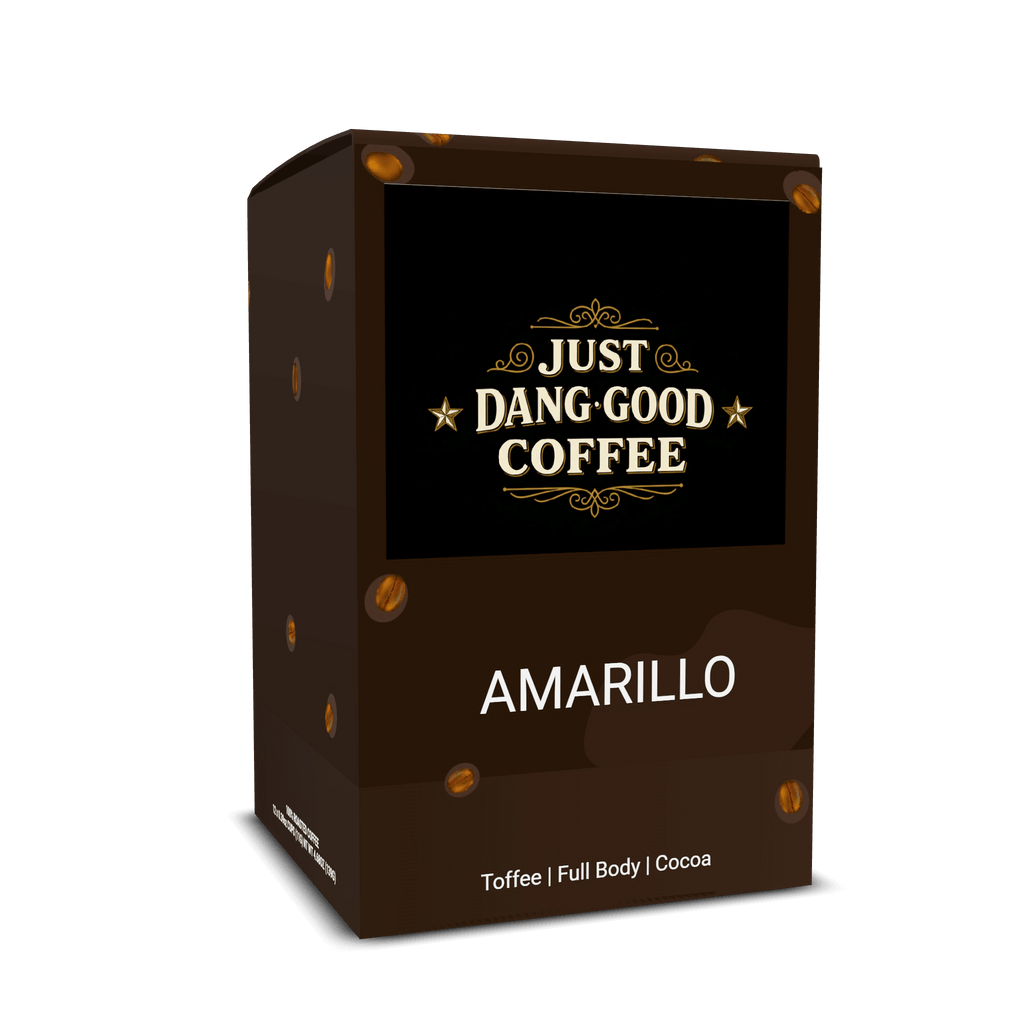 Amarillo dark roast Coffee Pods packaging with 'Just Dang Good Coffee' branding on a black background