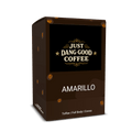 Amarillo dark roast Coffee Pods packaging with 'Just Dang Good Coffee' branding on a black background