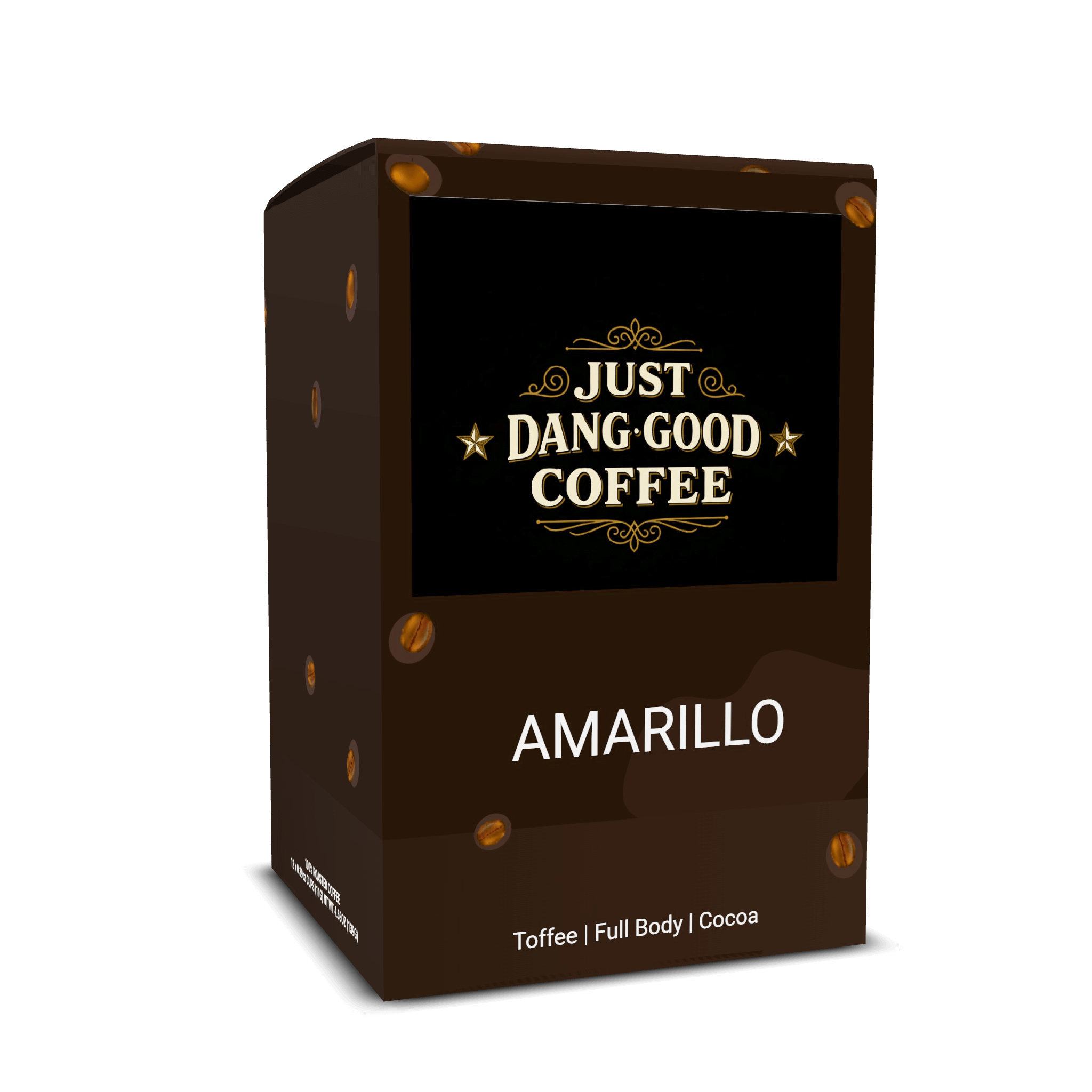 Amarillo dark roast Coffee Pods packaging with 'Just Dang Good Coffee' branding on a black background
