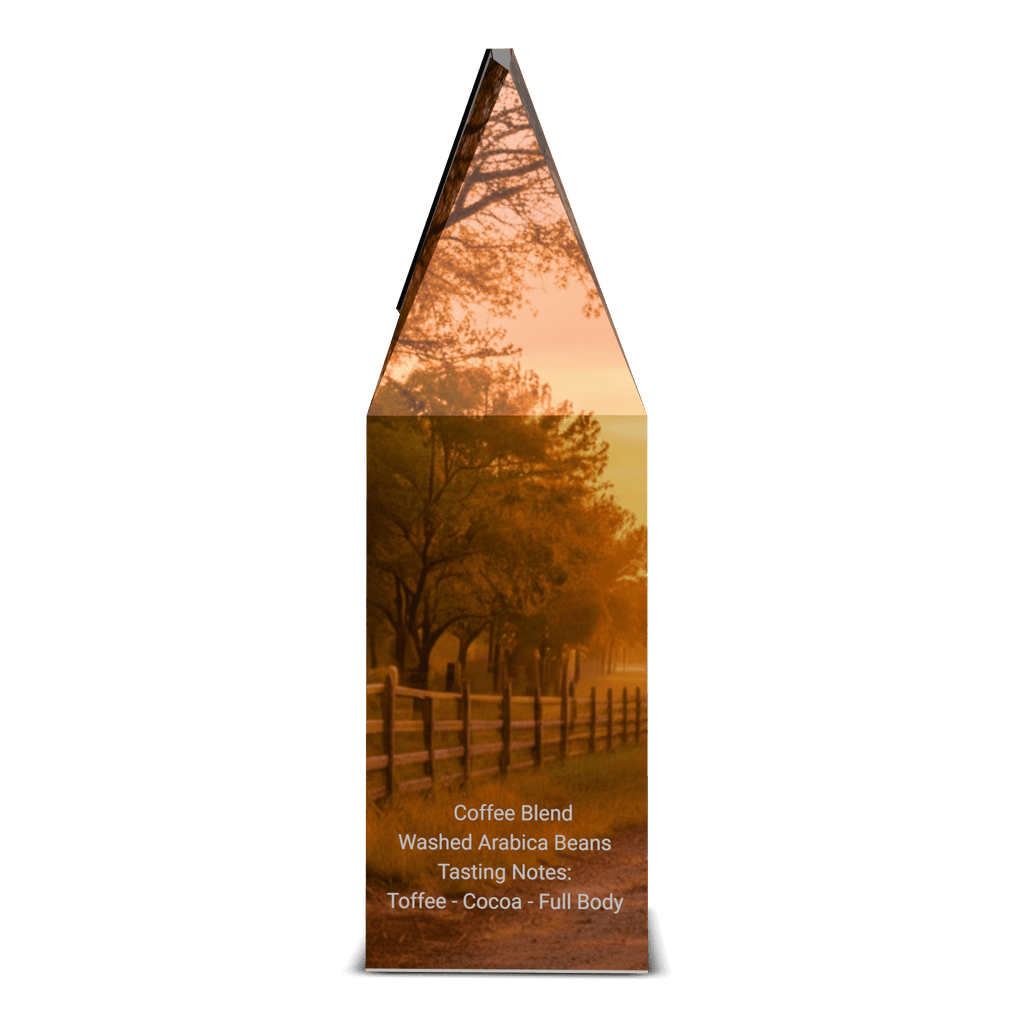 Amarillo Dark Roast Coffee package for Just Dang Good Coffee featuring a country ranch road towards a sunset.