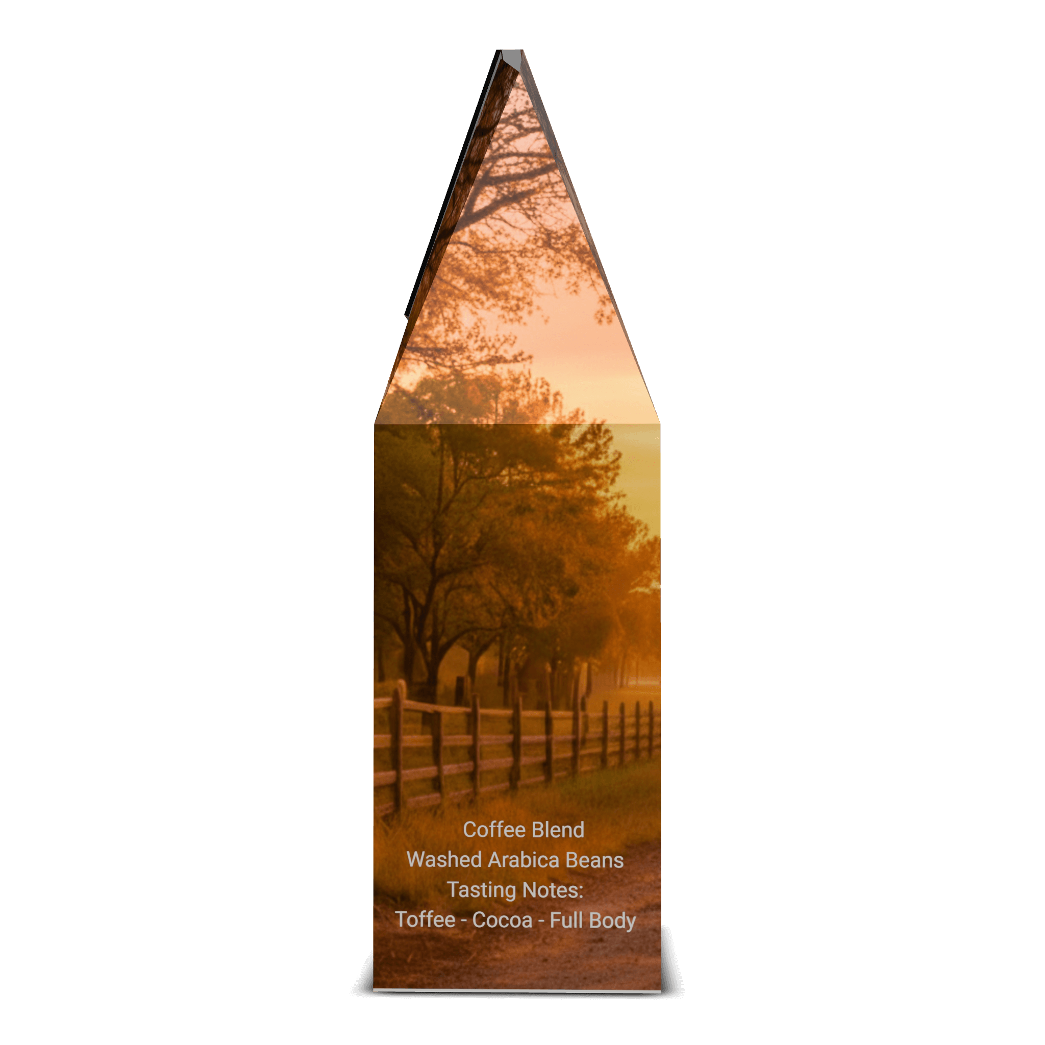 Amarillo Dark Roast Coffee package for Just Dang Good Coffee featuring a country ranch road towards a sunset.