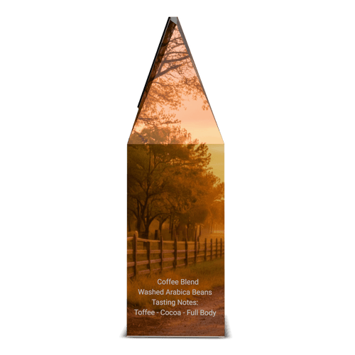 Amarillo Dark Roast Coffee package for Just Dang Good Coffee featuring a country ranch road towards a sunset.