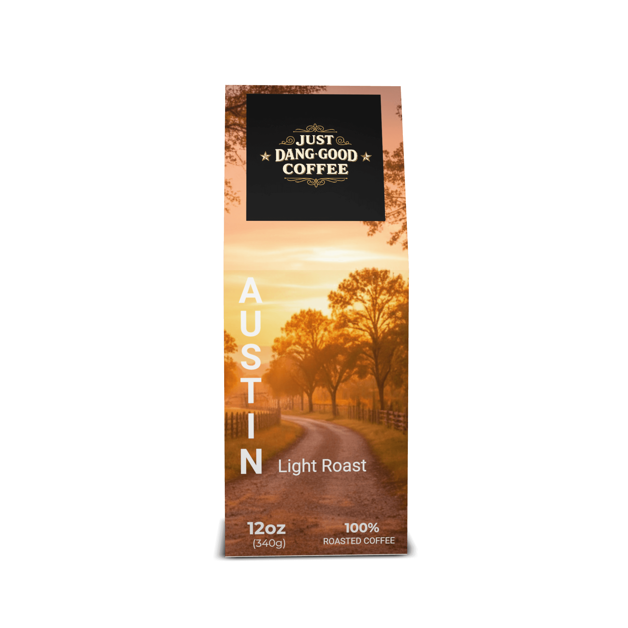 Austin Light Roast Coffee package with a scenic ranch design of a road and trees, featuring 'Just Dang Good Coffee' and Rocking S Ranch branding.