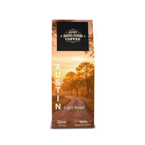 Austin Light Roast Coffee package with a scenic ranch design of a road and trees, featuring 'Just Dang Good Coffee' and Rocking S Ranch branding.