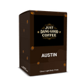Austin Light Roast Coffee Pod packaging with 'Just Dang Good Coffee' branding on a black background