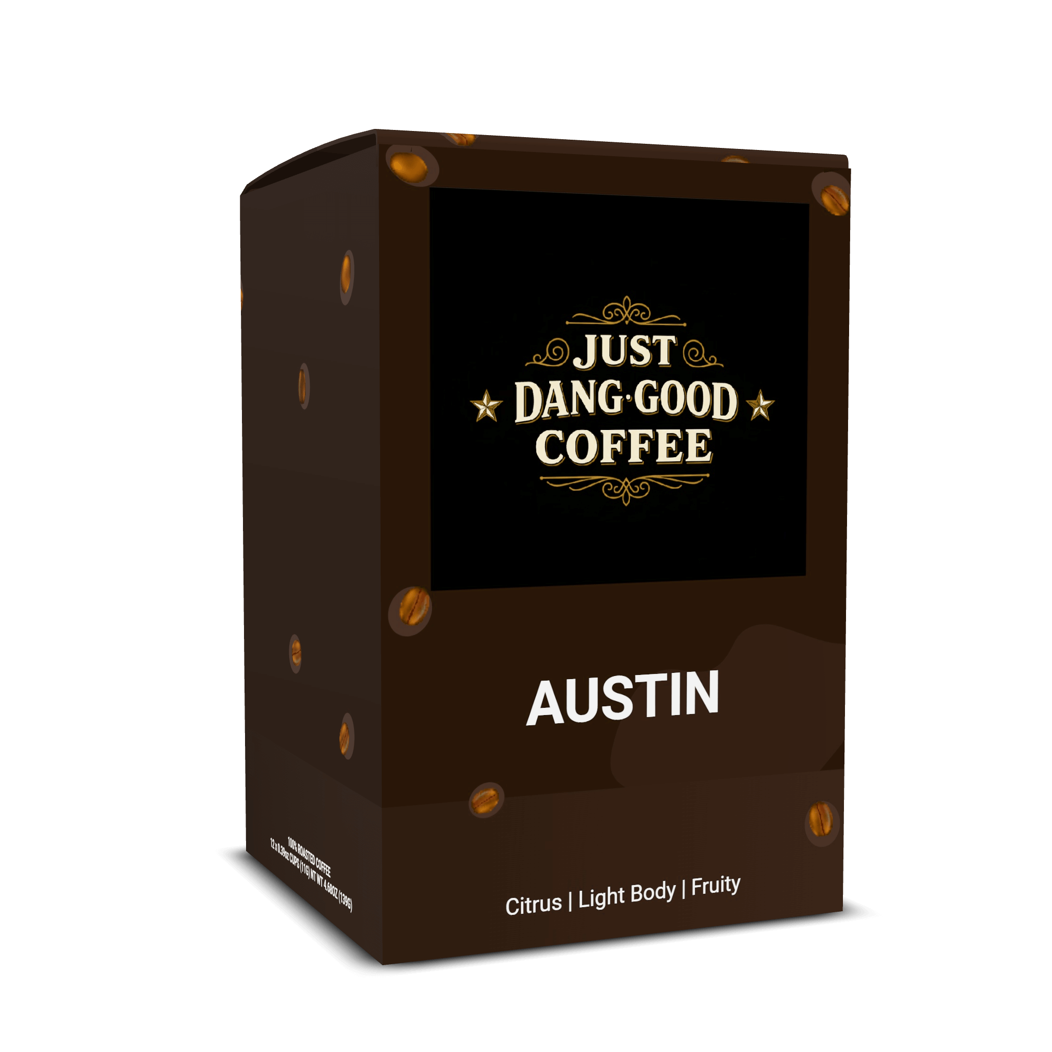 Austin Light Roast Coffee Pod packaging with 'Just Dang Good Coffee' branding on a black background