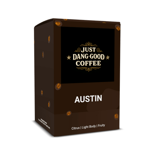 Austin Light Roast Coffee Pod packaging with 'Just Dang Good Coffee' branding on a black background