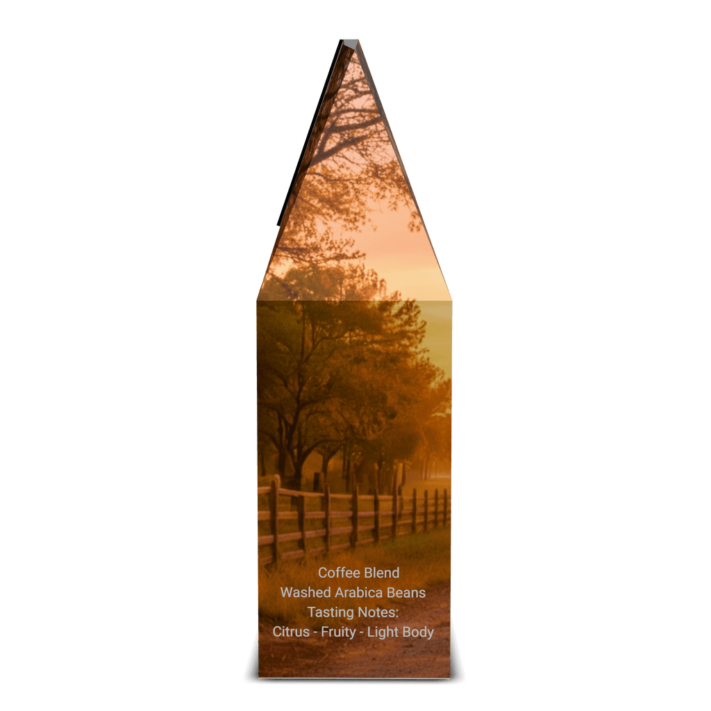 Austin Light Roast Coffee with a scenic design of trees and sunset on a black background side of package view.