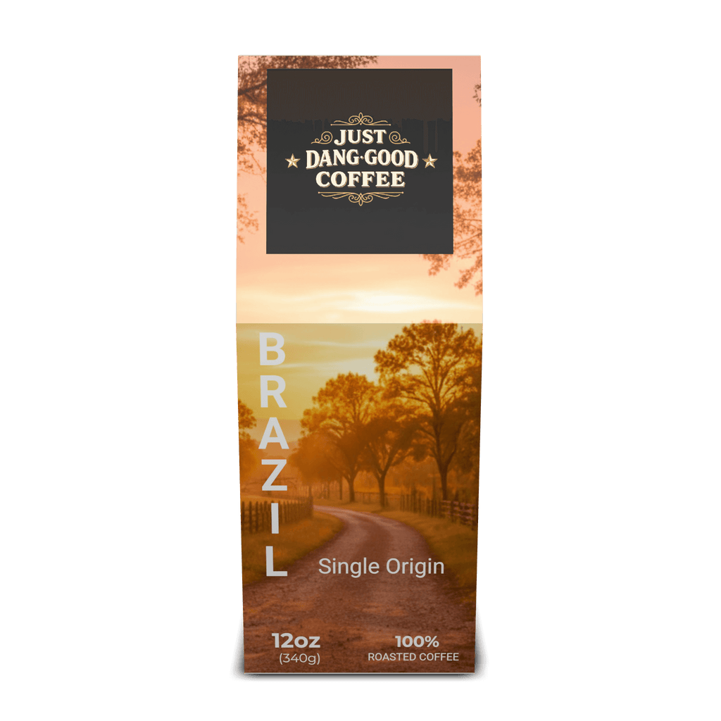BRAZIL Single Origin Coffee from Just Dang Good Coffee with a scenic ranch design.