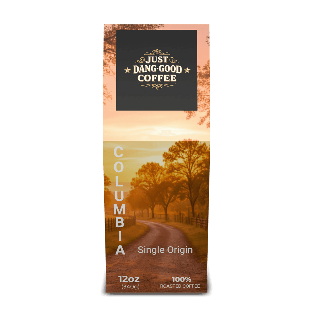 Columbia Single Origin coffee by Just Dang Good Coffee with a scenic ranch design on the package.
