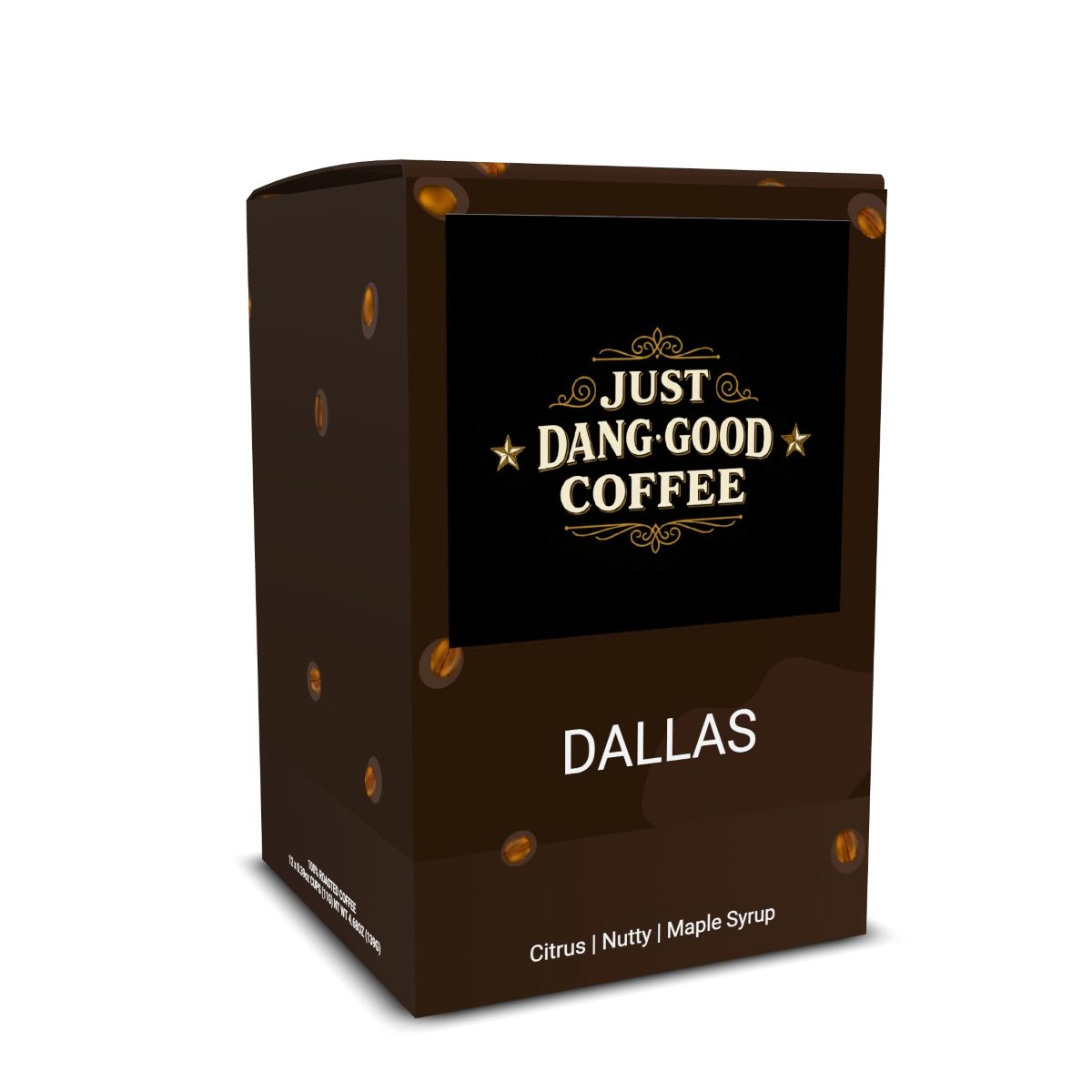 Dallas Medium Roast coffee pod packaging on a dark brown box.