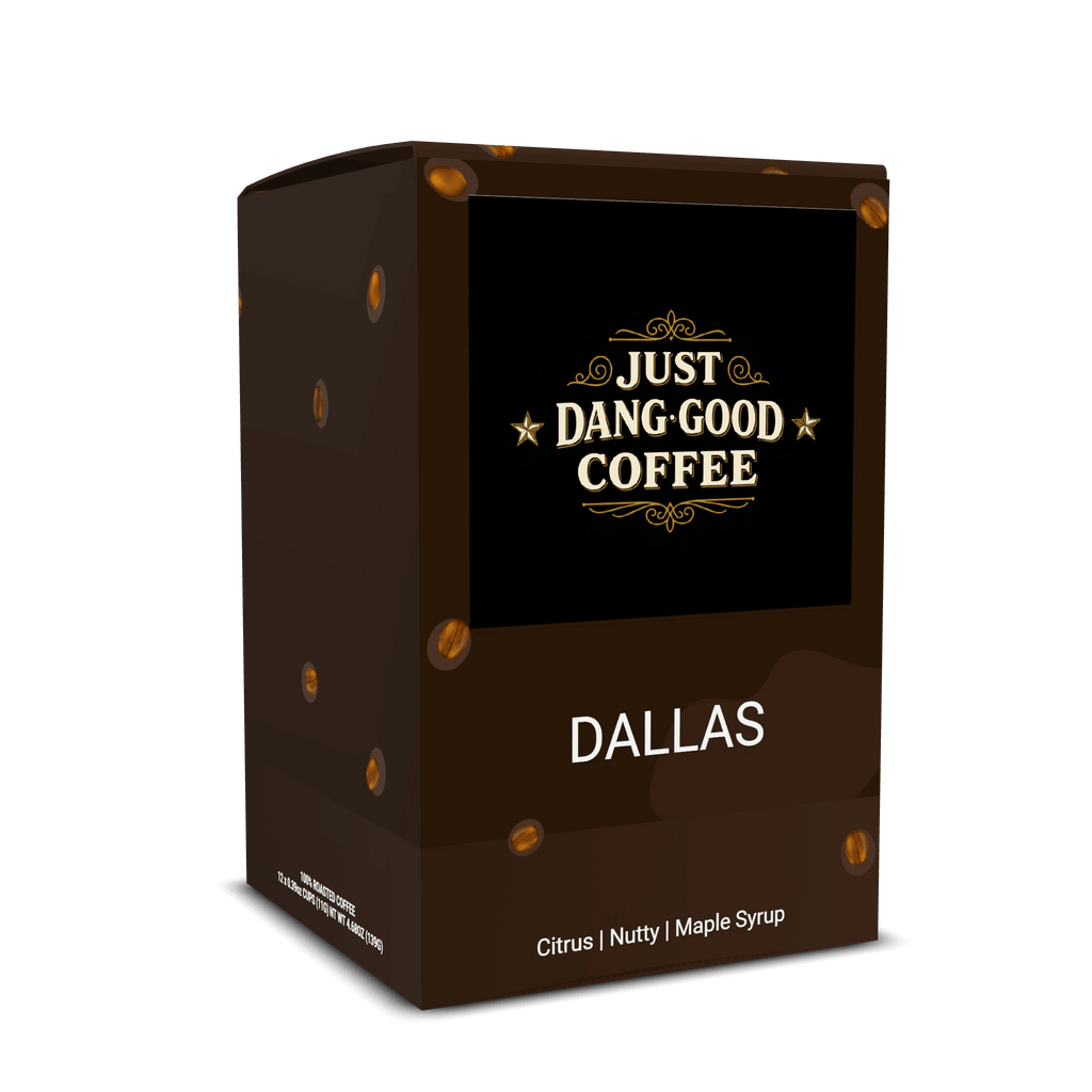 Dallas Medium Roast coffee pod packaging on a dark brown box.