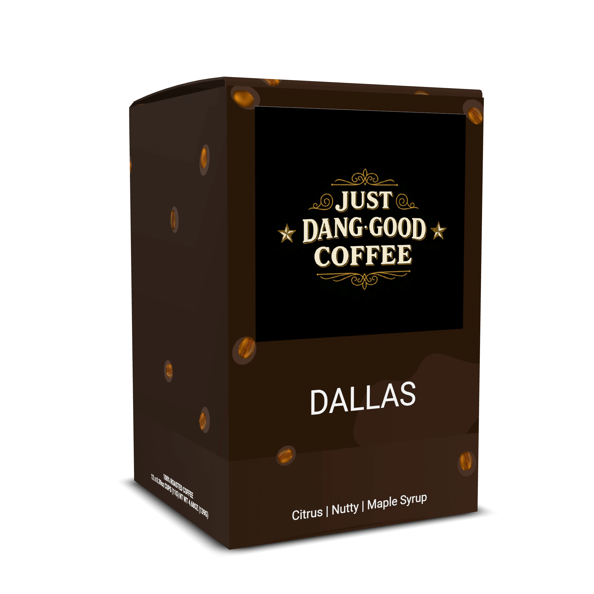 Dallas Medium Roast coffee pod packaging on a dark brown box.