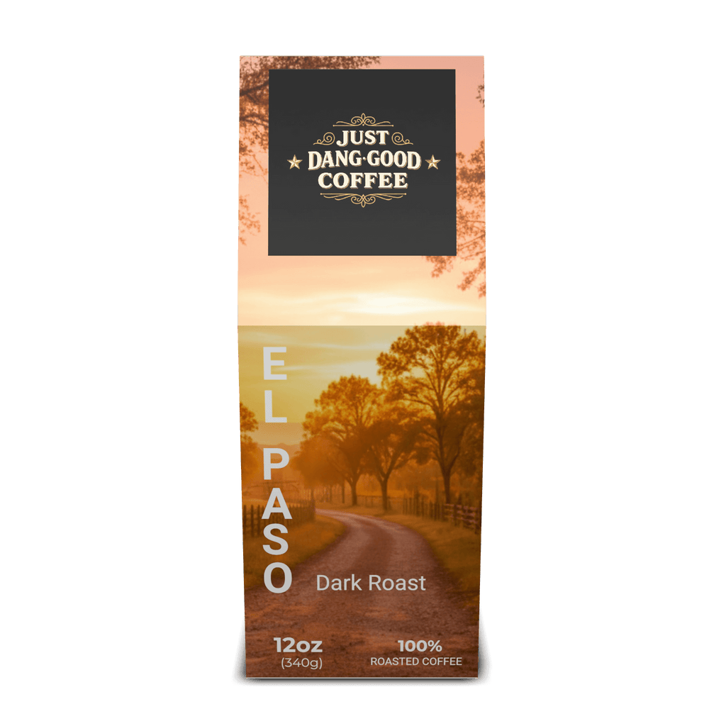 El Paso dark roast coffee from Just Dang Good Coffee with a scenic ranch design on the package.