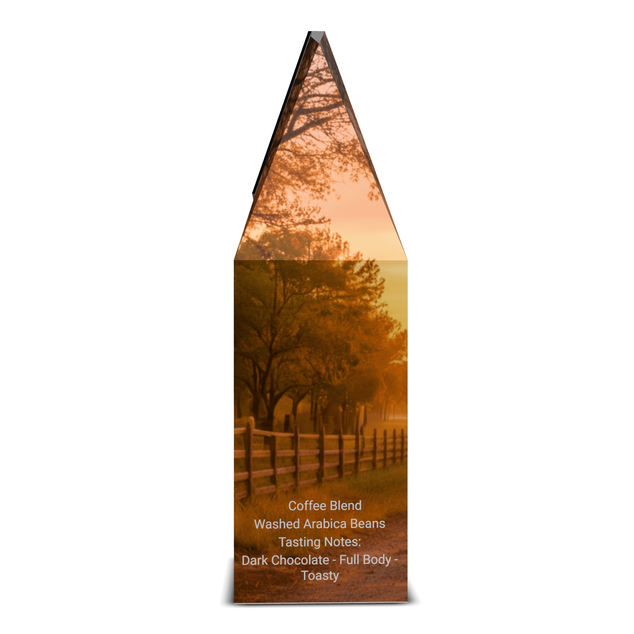 El Paso dark roast coffee sideview of package featuring a scenic ranch design and the tasting notes.