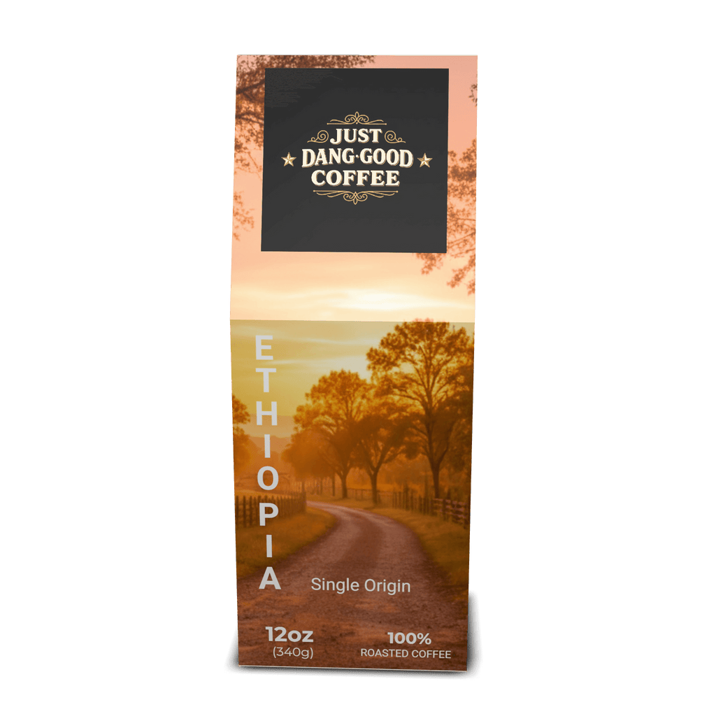 Just Dang Good Coffee Ethiopia single origin coffee package with a Rocking S Ranch scenic design.