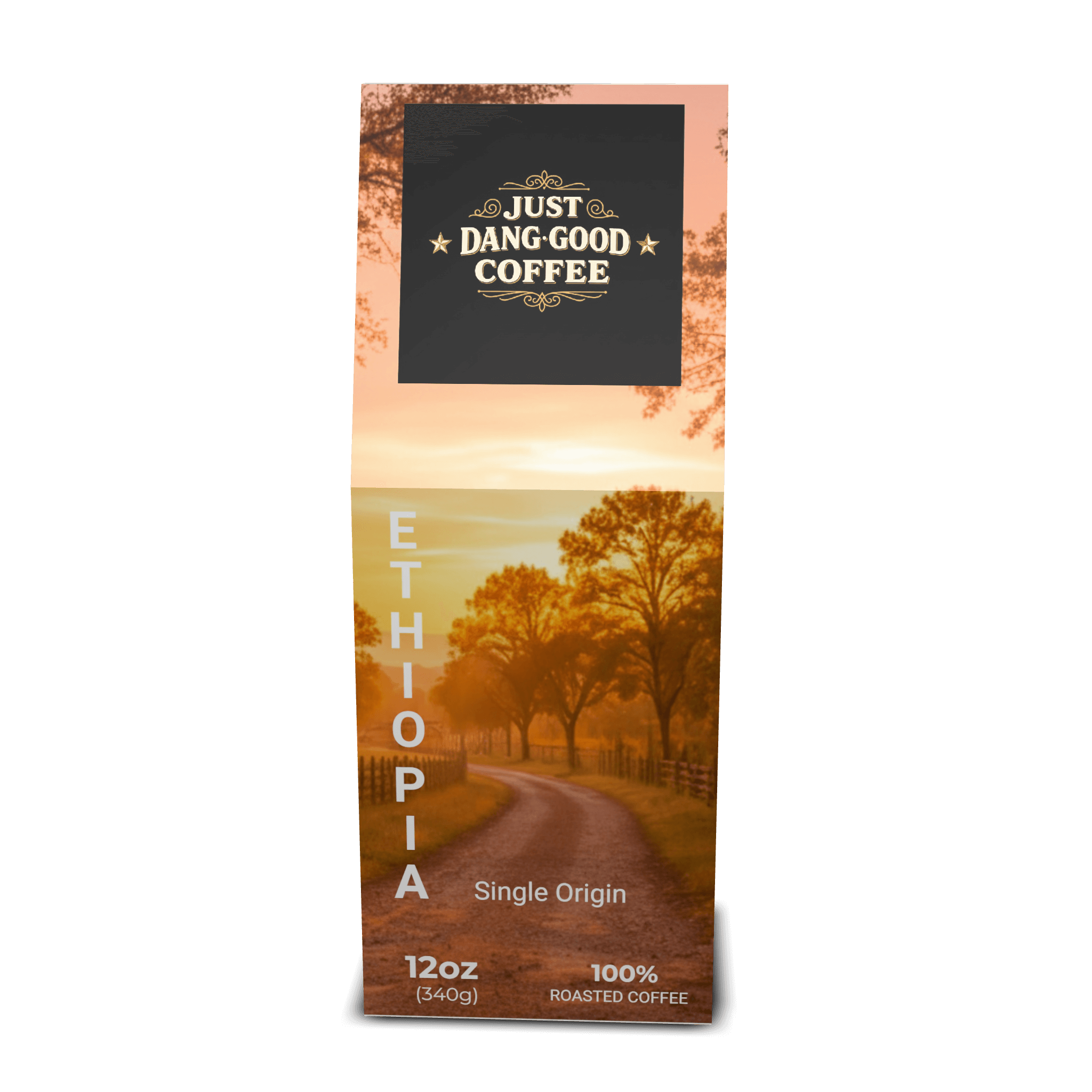 Just Dang Good Coffee Ethiopia single origin coffee package with a Rocking S Ranch scenic design.