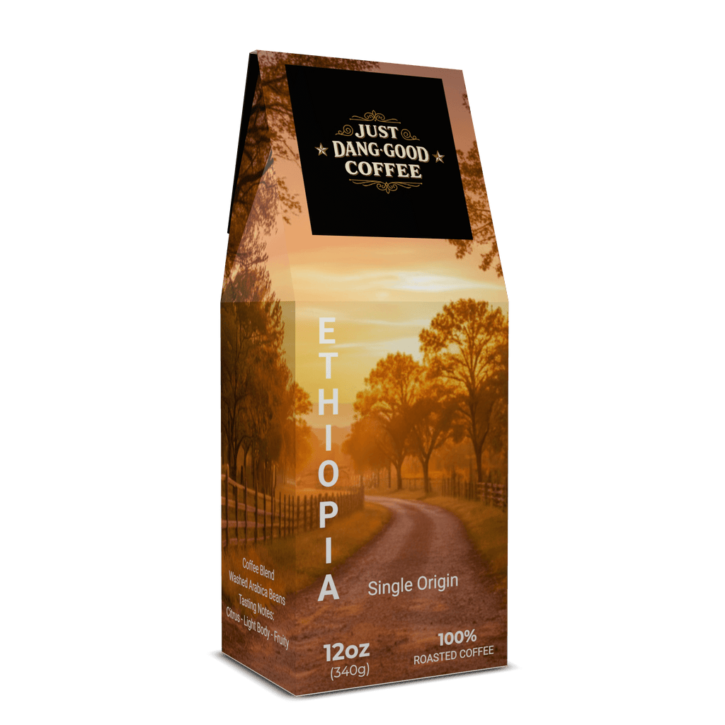 Just Dang Good Coffee Ethiopia single origin sideview of coffee bag with Rocking S Ranch scenic design