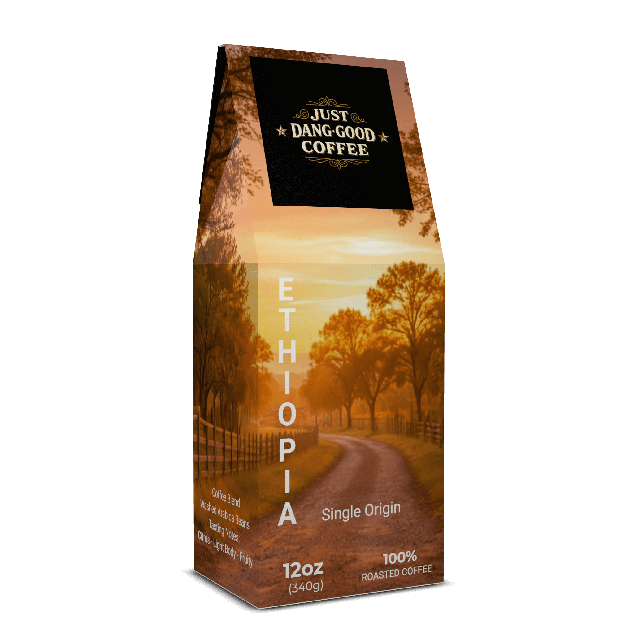 Just Dang Good Coffee Ethiopia single origin sideview of coffee bag with Rocking S Ranch scenic design