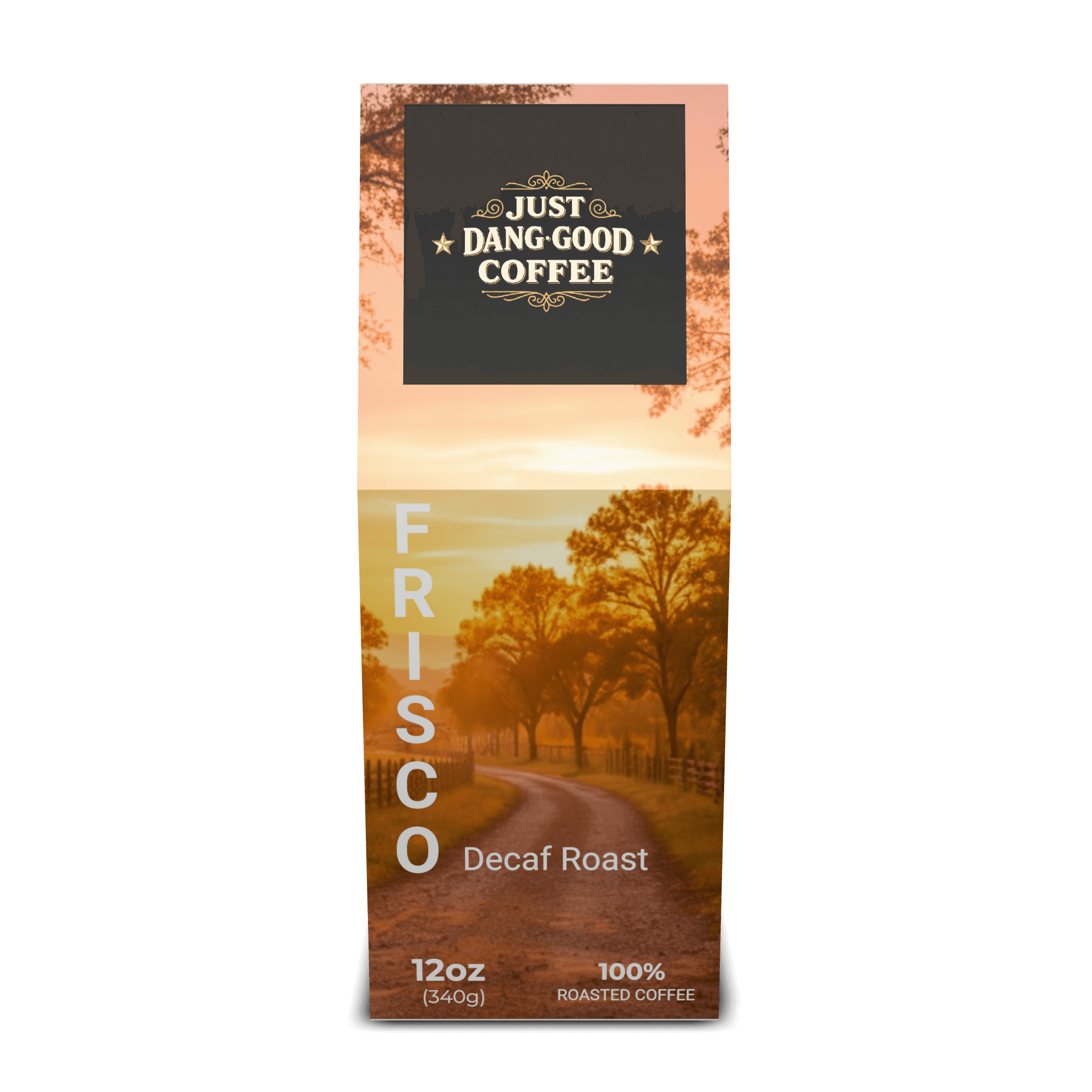 Frisco Decaf Roast from Just Dang Good Coffee  with a package that has a scenic Ranch design.