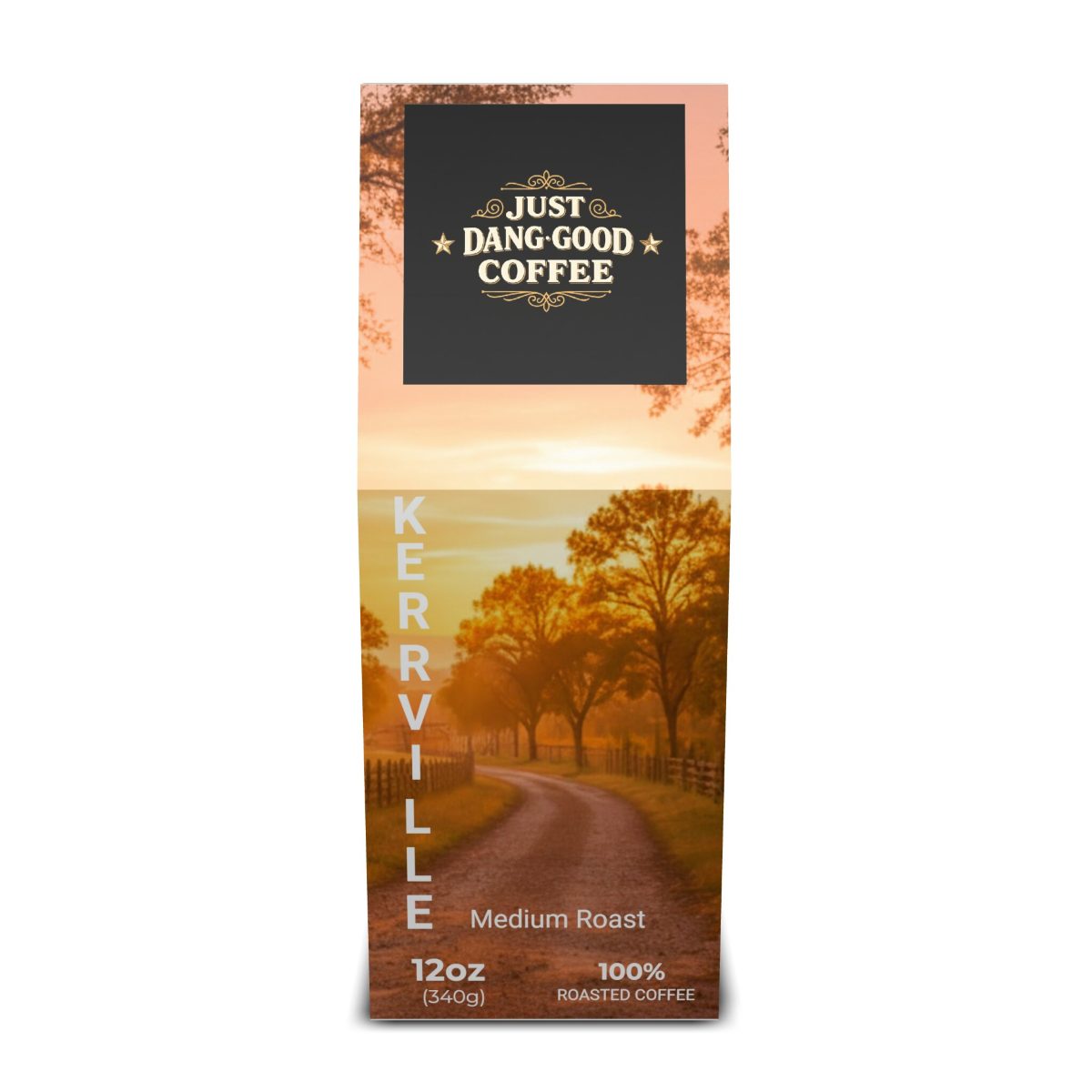 KERRVILLE Medium Roast from Just Dang Good Coffee with a scenic Ranch design on the package.