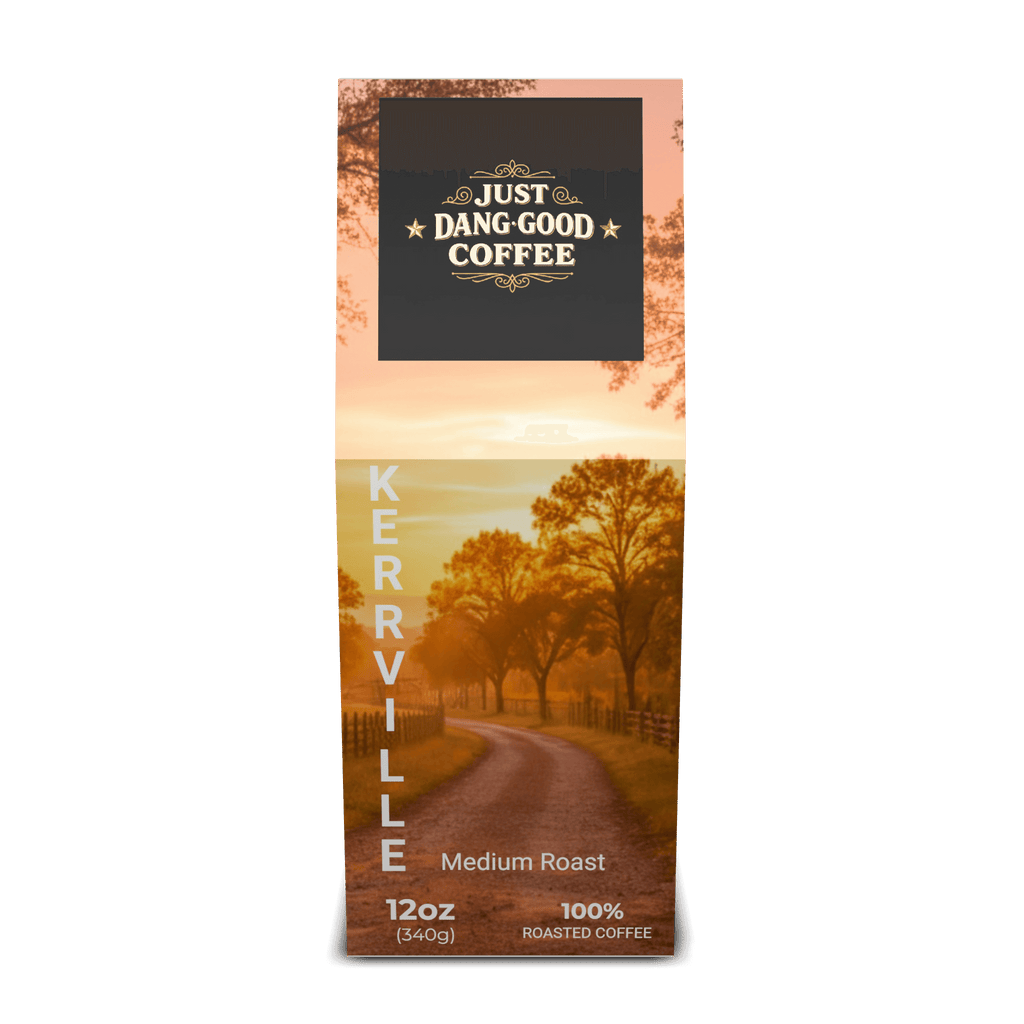KERRVILLE Medium Roast from Just Dang Good Coffee with a scenic Ranch design on the package.