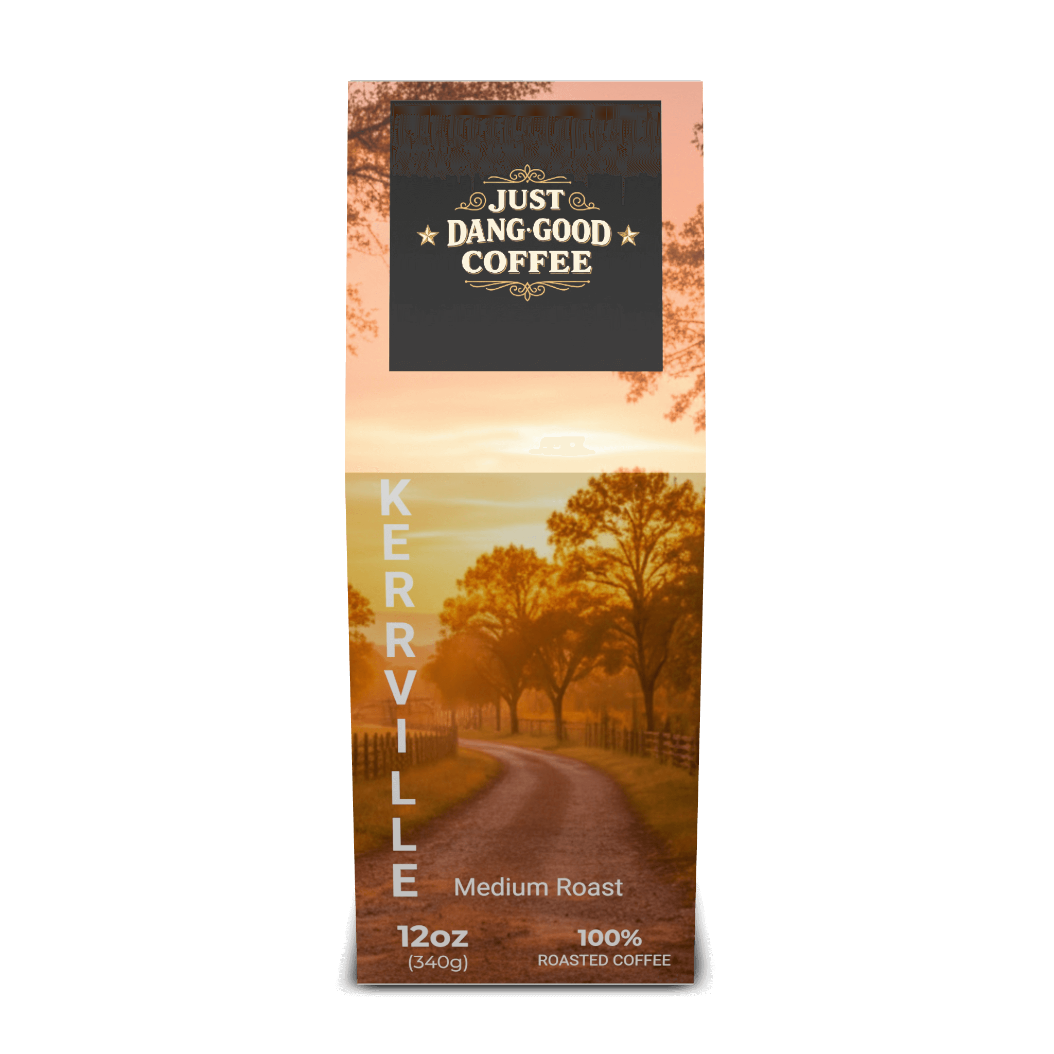 KERRVILLE Medium Roast from Just Dang Good Coffee with a scenic Ranch design on the package.