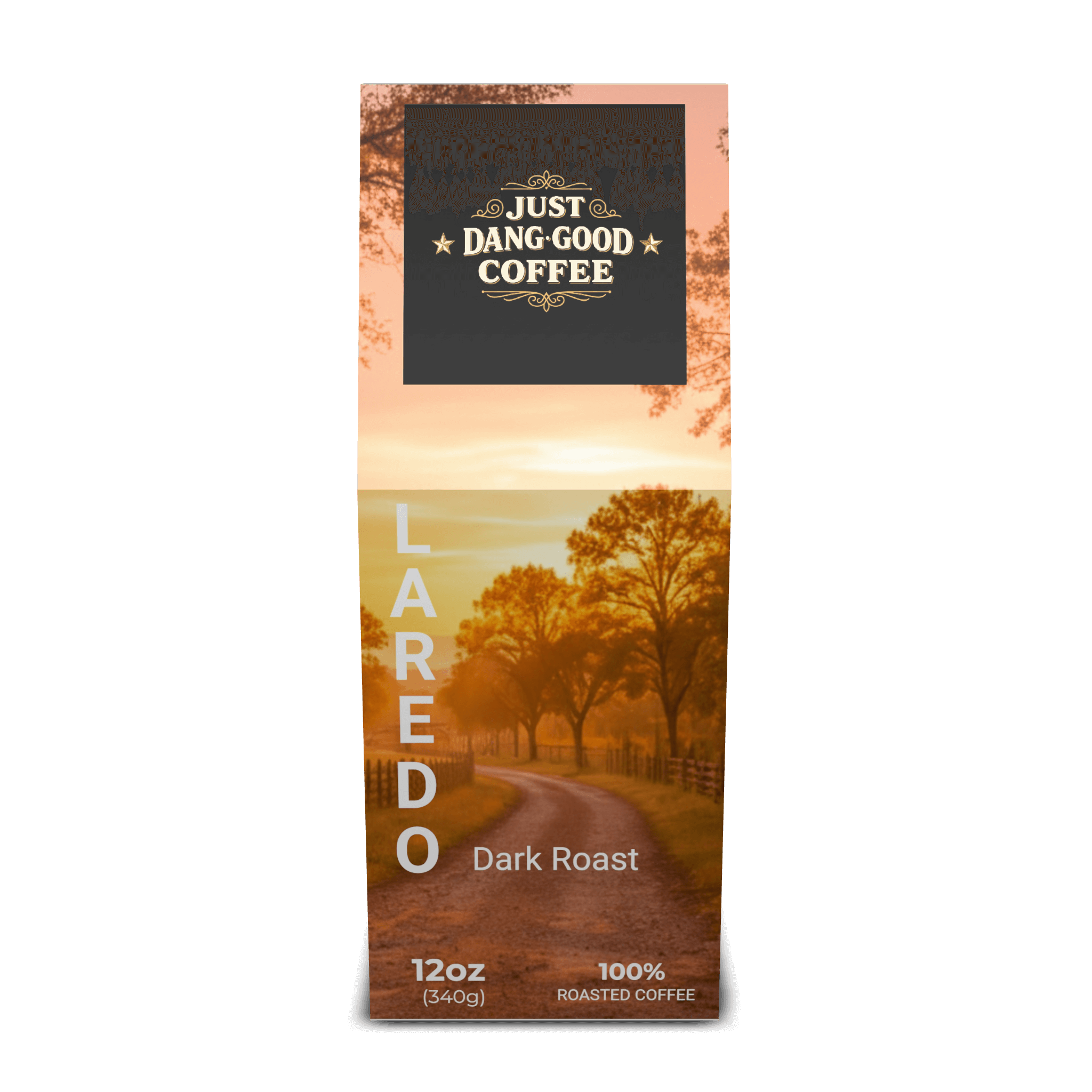 Laredo Dark Roast Coffee from Just Dang Good Coffee with a scenic Ranch designed package.