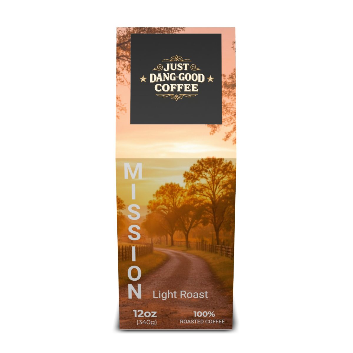 Mission Light Roast Coffee package with a scenic ranch design of a road and trees, featuring 'Just Dang Good Coffee' and Rocking S Ranch branding.