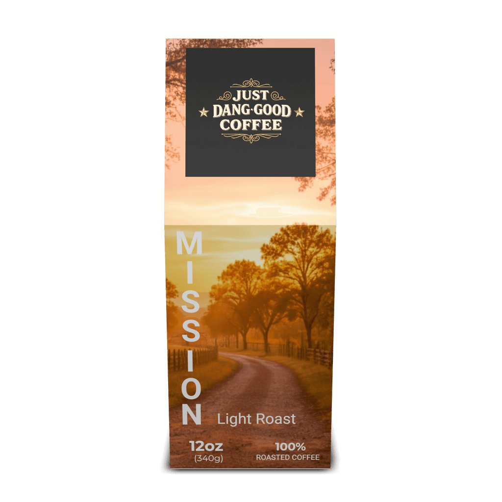Mission Light Roast Coffee package with a scenic ranch design of a road and trees, featuring 'Just Dang Good Coffee' and Rocking S Ranch branding.