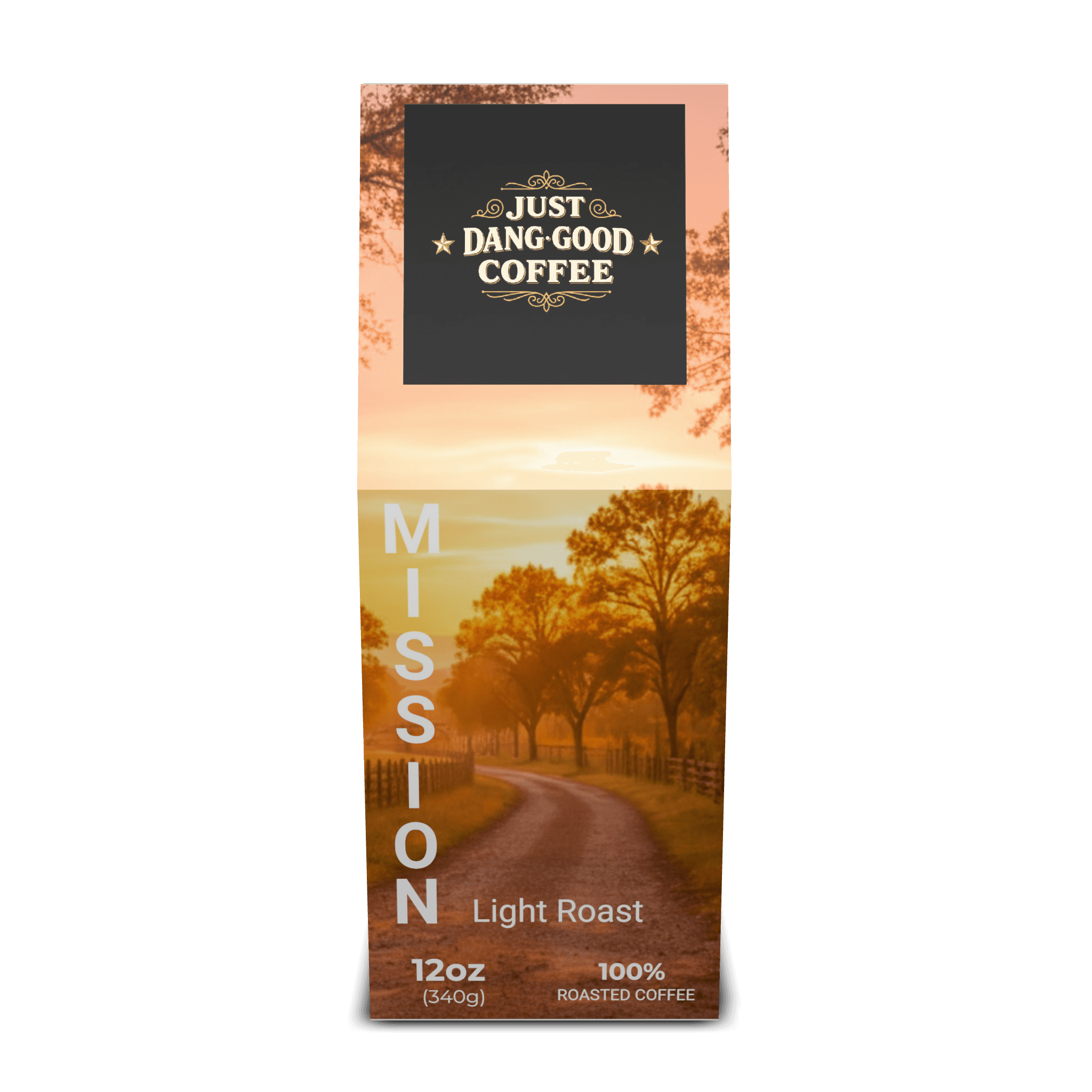 Mission Light Roast Coffee package with a scenic ranch design of a road and trees, featuring 'Just Dang Good Coffee' and Rocking S Ranch branding.