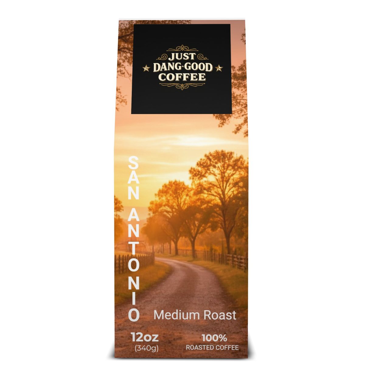 San Antonio Medium Roast Coffee package with a scenic Ranch design featuring 'Just Dang Good Coffee' branding.