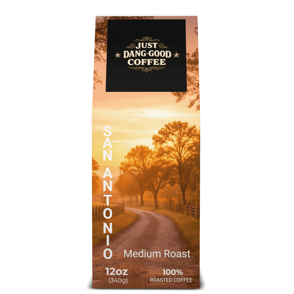 San Antonio Medium Roast Coffee package with a scenic Ranch design featuring 'Just Dang Good Coffee' branding.
