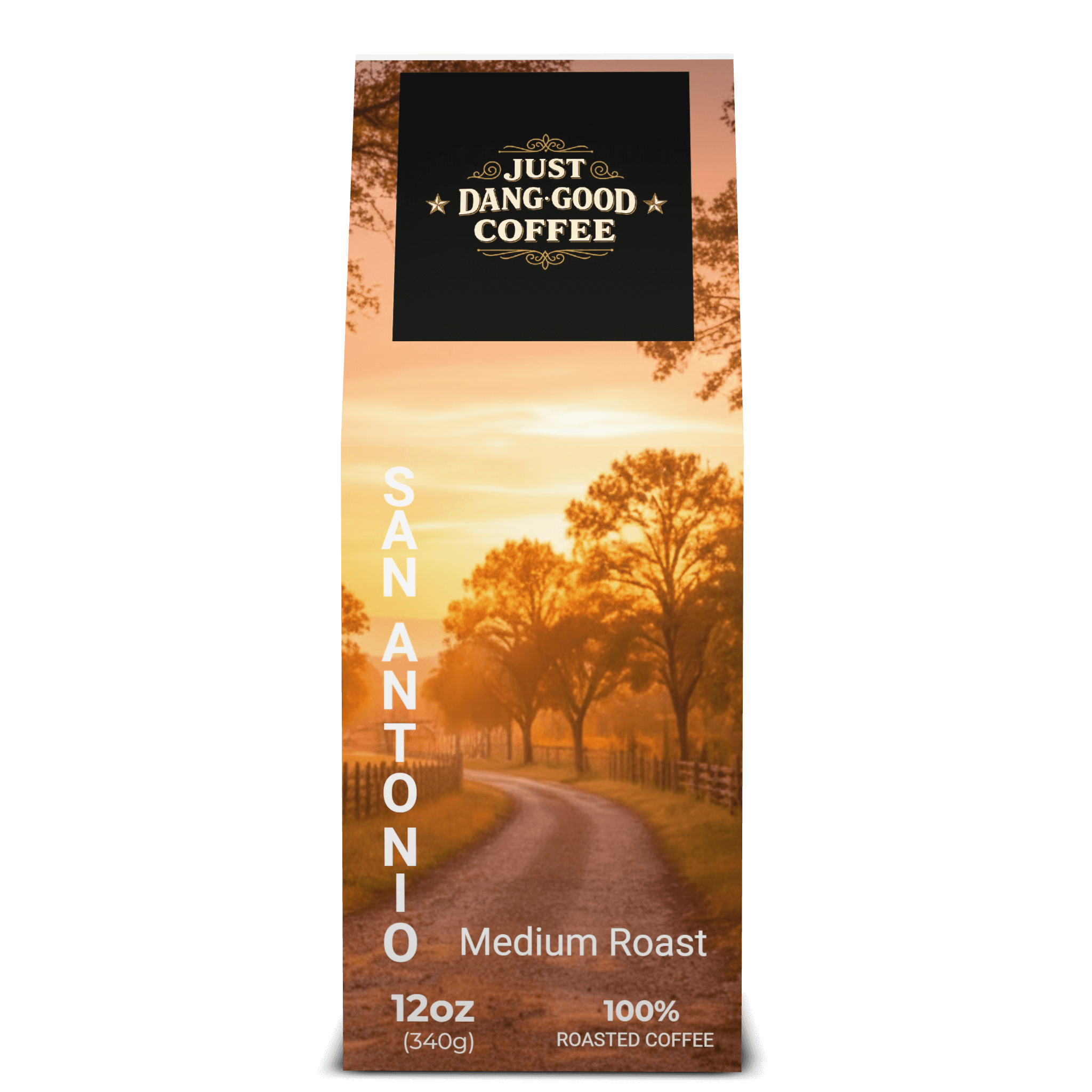 San Antonio Medium Roast Coffee package with a scenic Ranch design featuring 'Just Dang Good Coffee' branding.