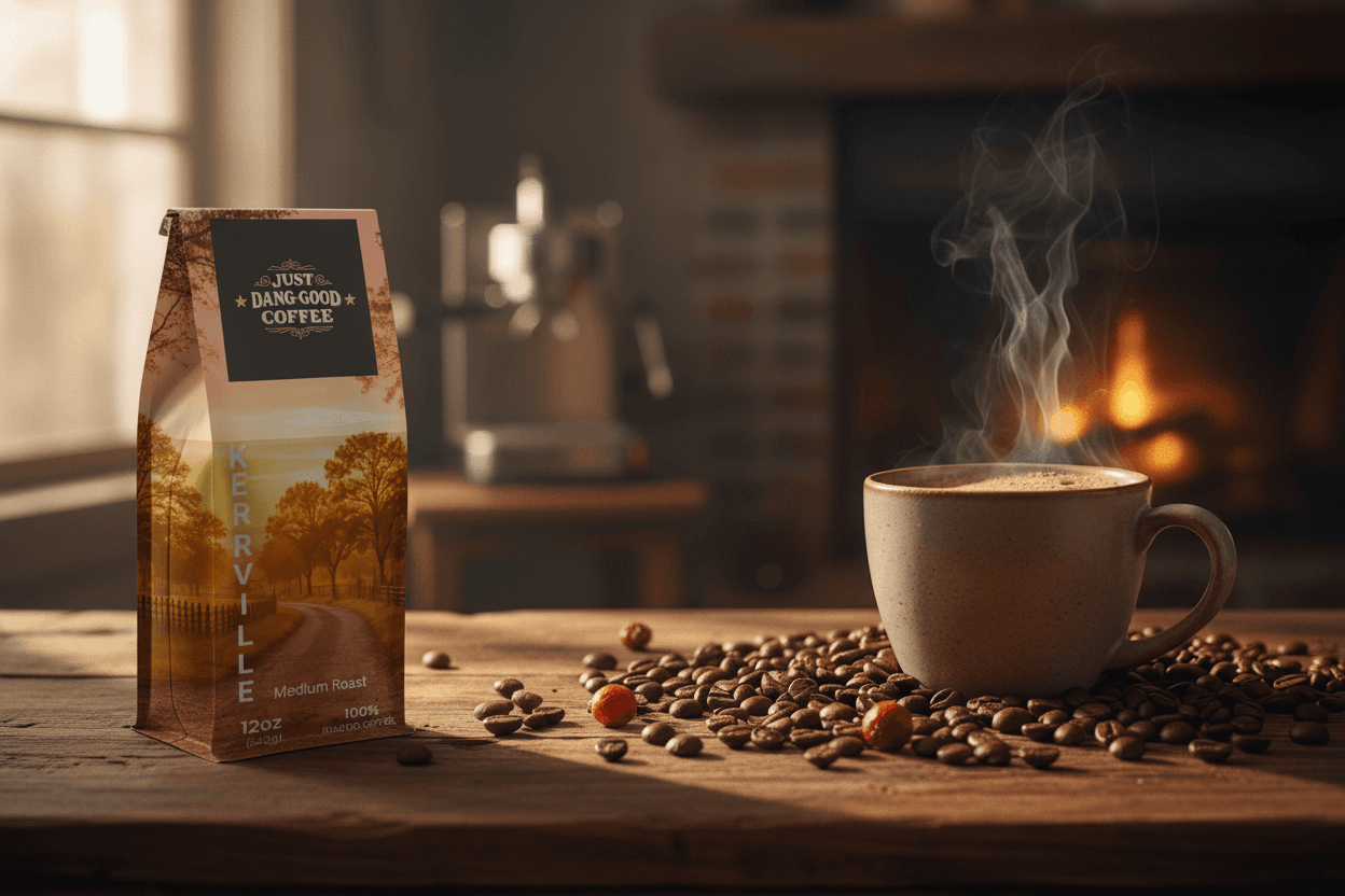 KERRVILLE Coffee bag and steaming cup on a wooden table with coffee beans, fireplace in the background