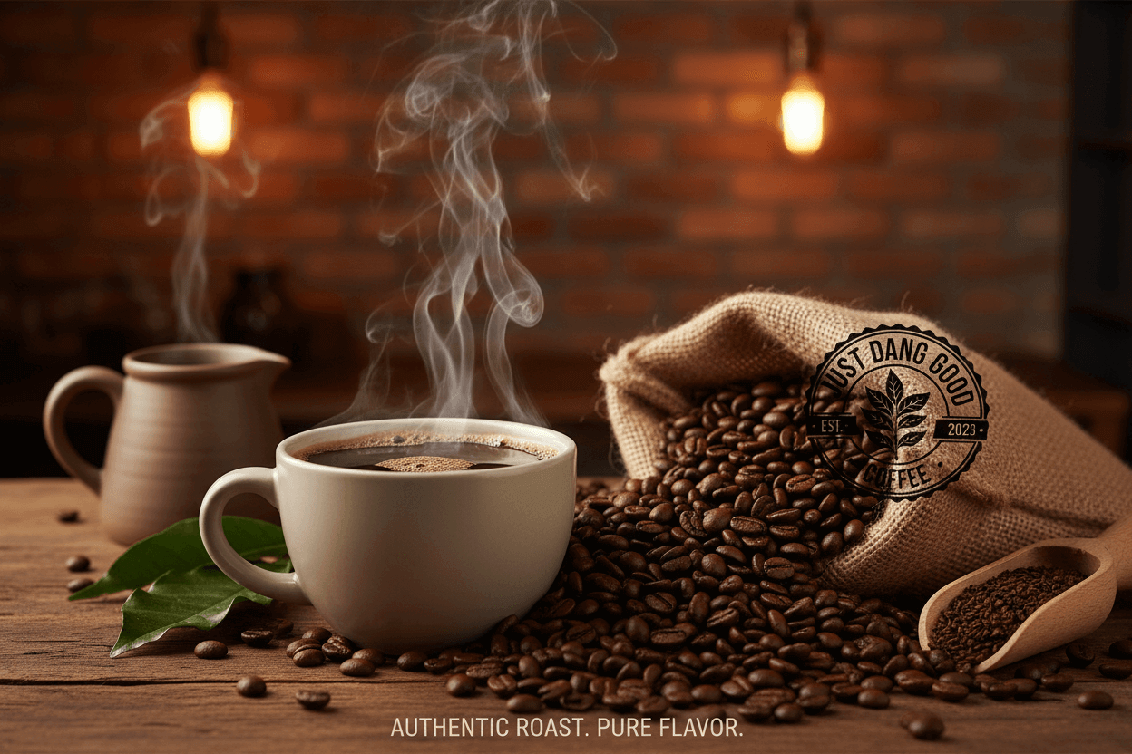 Steaming coffee cup with coffee beans and a burlap sack on a wooden surface, with 'JUST DANG GOOD COFFEE' branding.