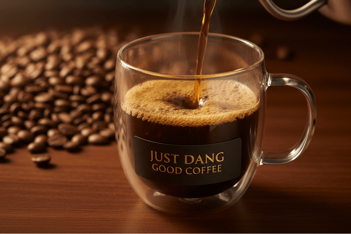 Coffee being poured into a glass mug labeled 'JUST DANG GOOD COFFEE' with coffee beans in the background.