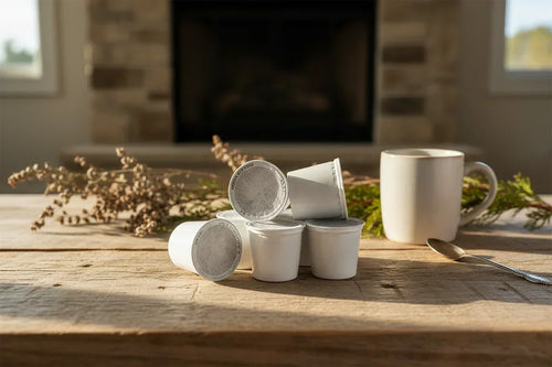 Coffee pods/k - cups stacked on a table with a coffee cup and fireplace in the background.